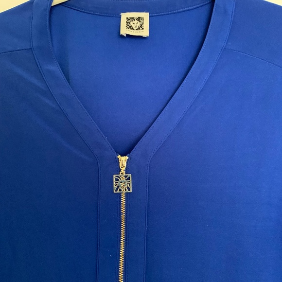 Anne Klein Royal Blue Zip Front Blouse Gold Zipper Tab Sleeve Top Size S - Picture 3 of 4